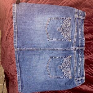 White House Black market denim/jean skirt, beaded/rhinestoned pockets,